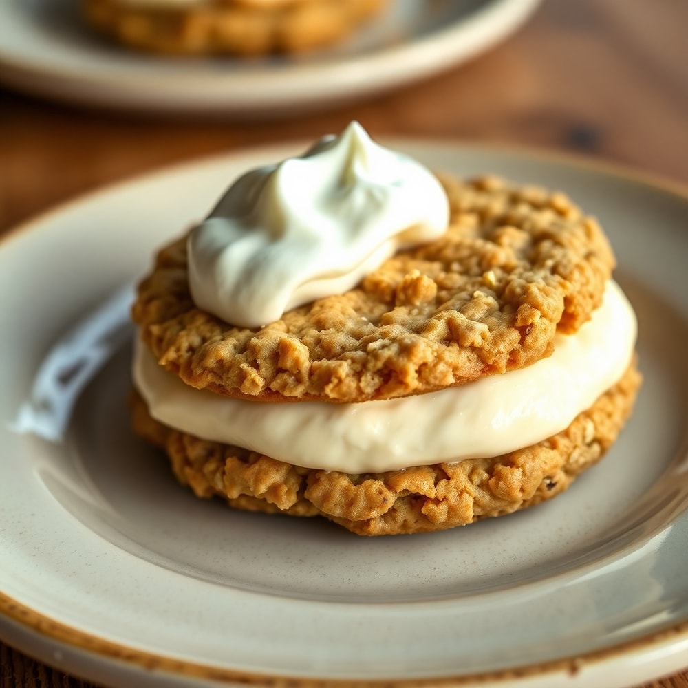 A plated homemade oatmeal cream pie with a dollop of whipped cream