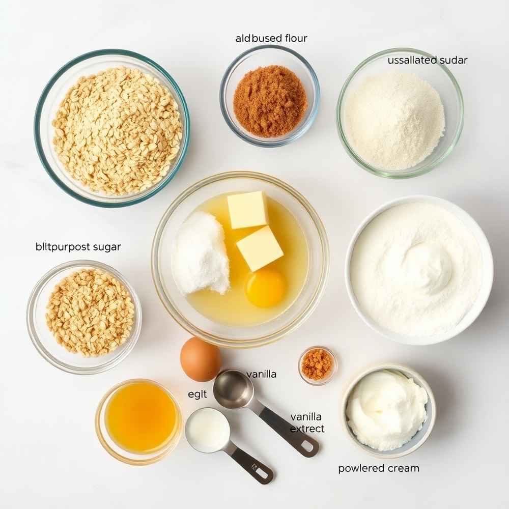 Ingredients for homemade oatmeal cream pies on a marble counter
