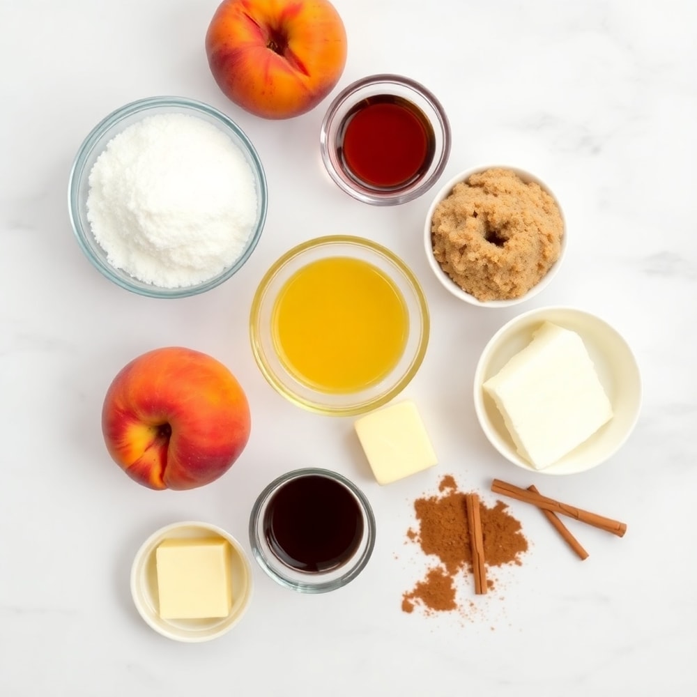 Peaches, sugar, vanilla, and other ingredients for peach preserves