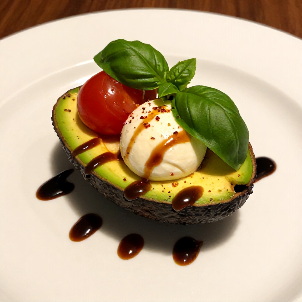 Plated serving of Keto Caprese Stuffed Avocado Bites on a white plate