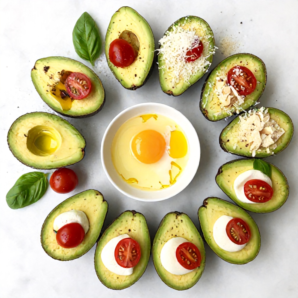 Raw ingredients for Keto Caprese Stuffed Avocado Bites on a white marble surface