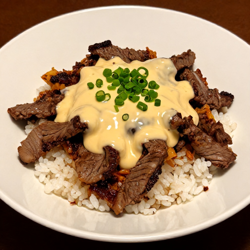 Korean BBQ Steak Rice Bowls with Spicy Cream Sauce