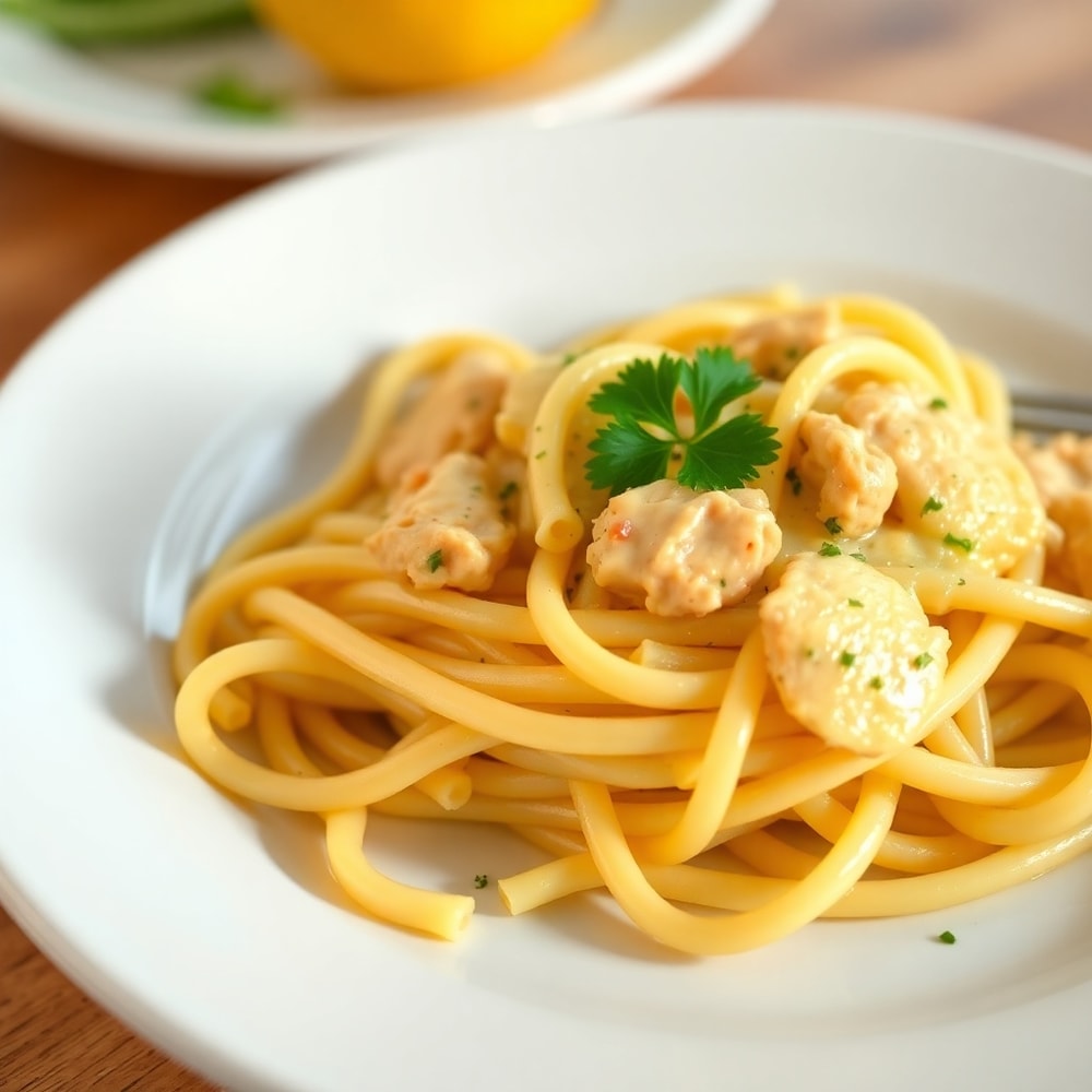 Plated serving of Easy Lemon Chicken Pasta on a white plate, garnished with fresh parsley