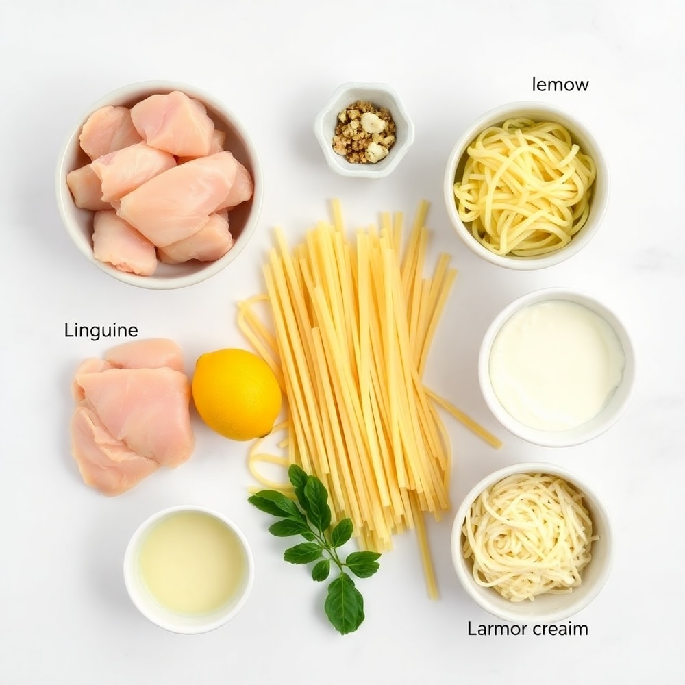 Raw ingredients for Easy Lemon Chicken Pasta in an overhead flat lay, including chicken, pasta, lemon, and garlic