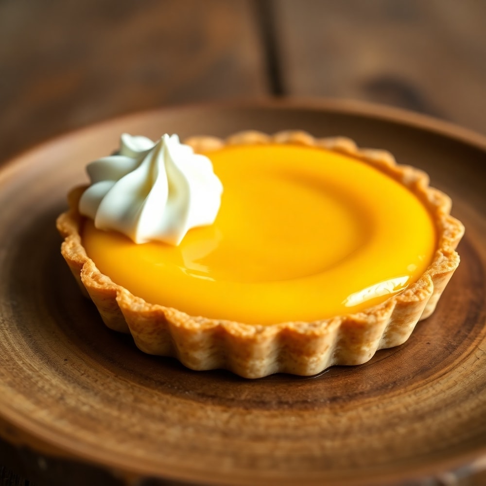 Mango Curd Tart with a dollop of whipped cream on a rustic plate