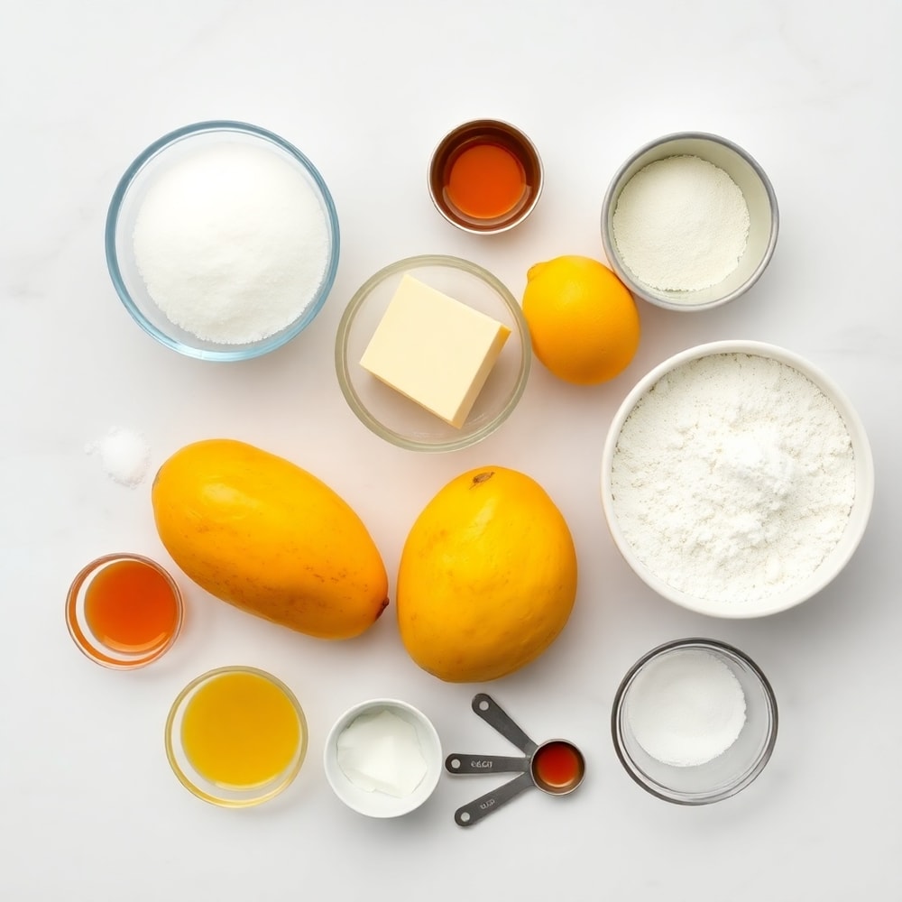 Ingredients for Mango Curd Tart on a marble surface