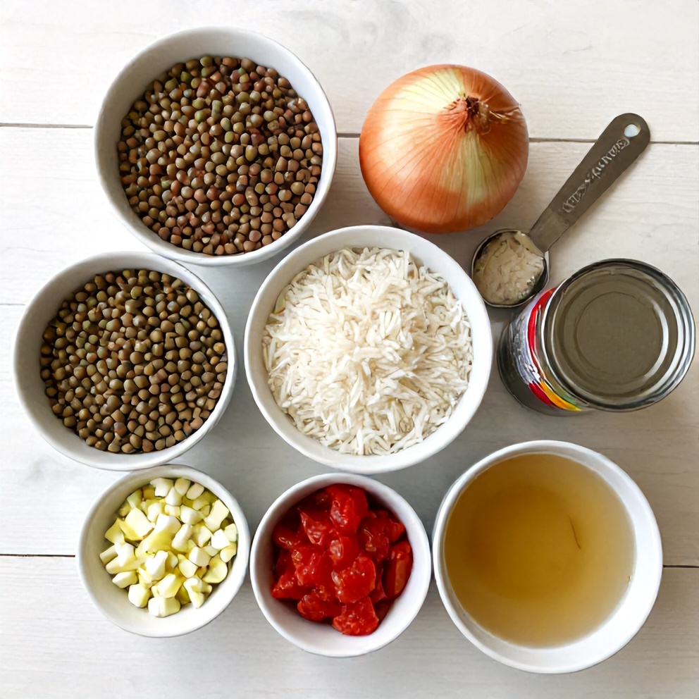 Ingredients for Easy Mujadara Lentils and Rice Vegan Dinner Recipe