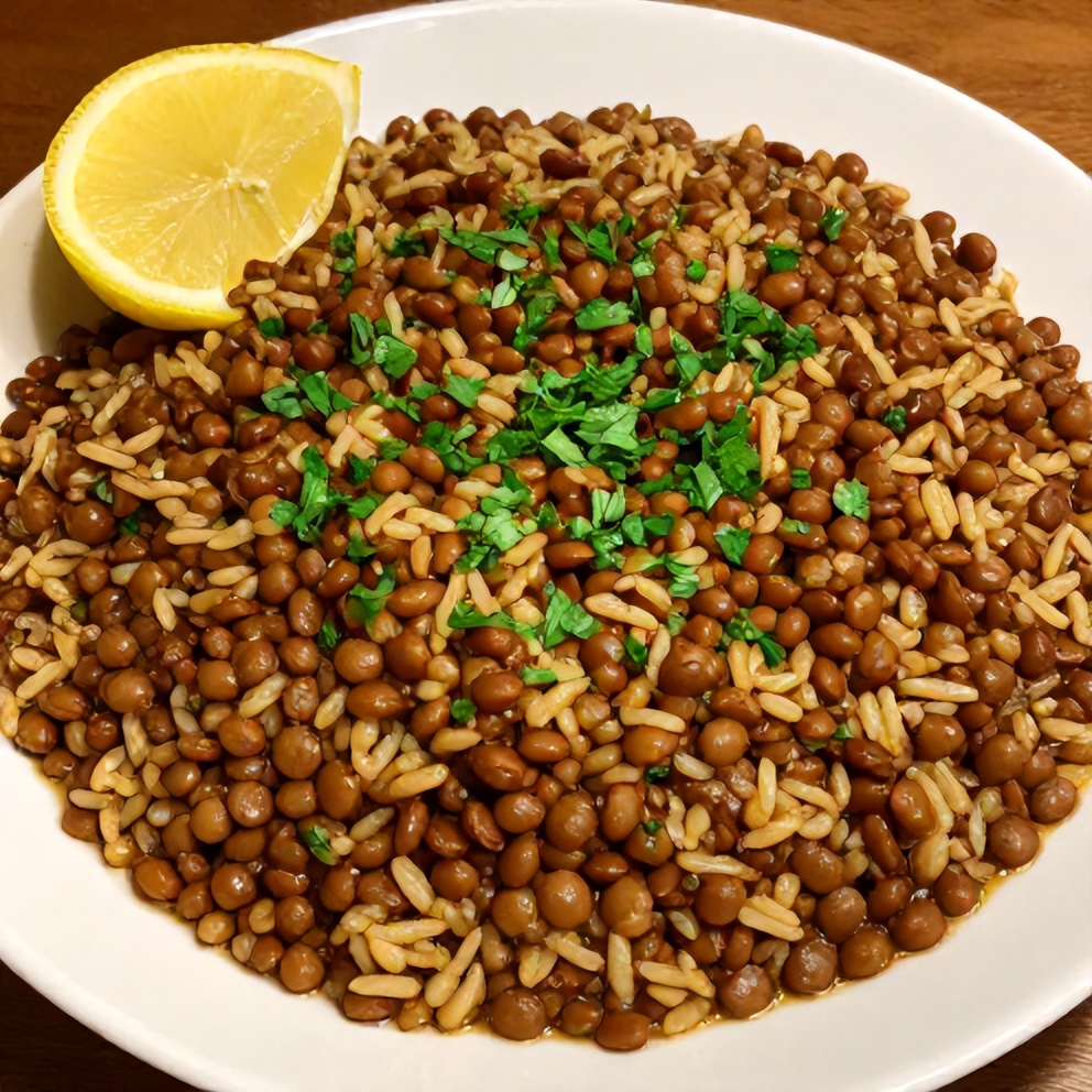 Plated Mujadara Lentils and Rice Stew