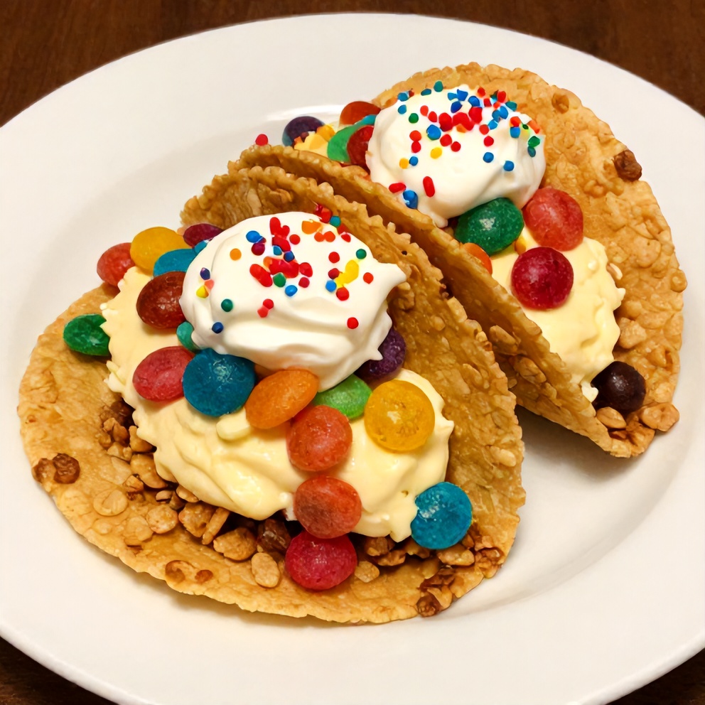 Plated serving of easy no-bake fruity pebbles cheesecake tacos