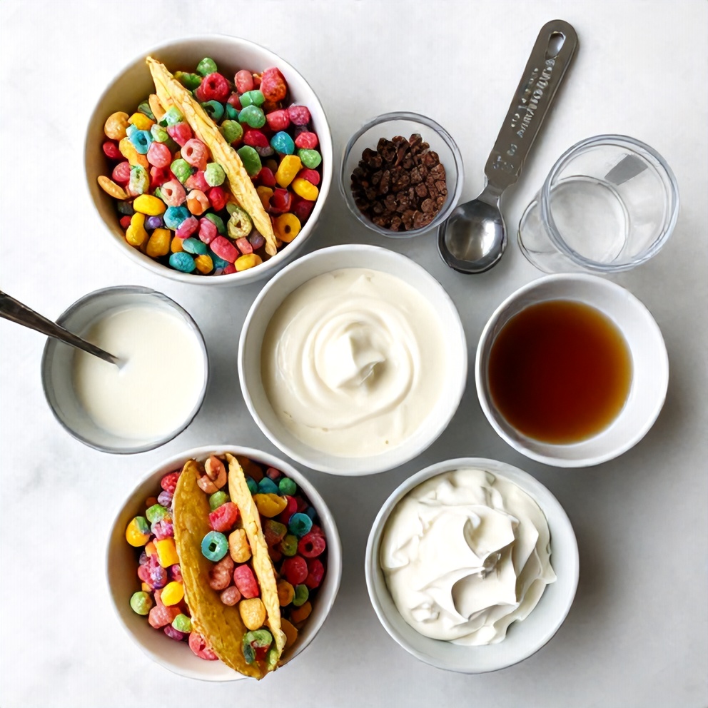 Raw ingredients for easy no-bake fruity pebbles cheesecake tacos