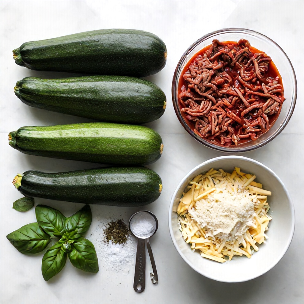 Raw Ingredients for Easy One-Pan Ground Beef Stuffed Zucchini Boats