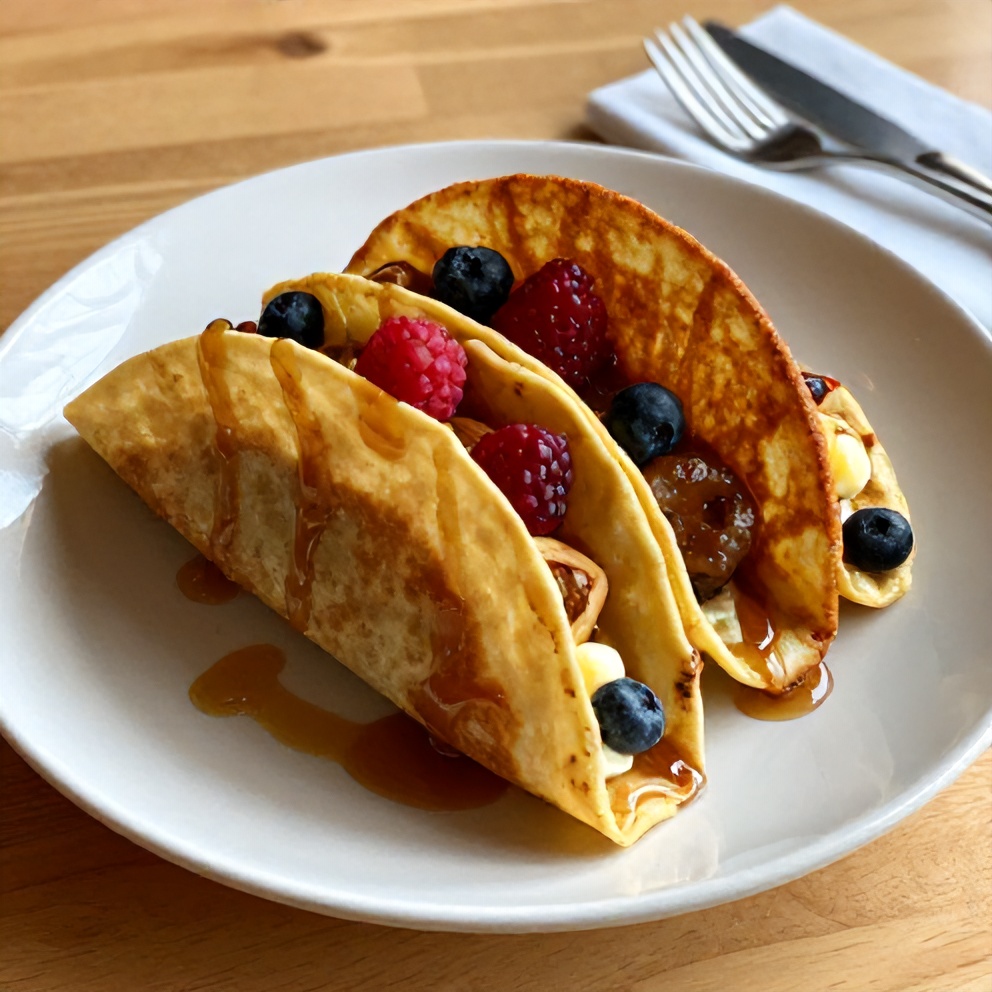 Plated serving of Easy Pancake Tacos with a garnish of fresh berries