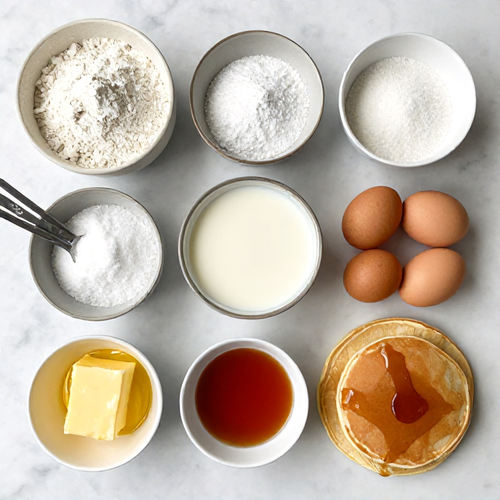 Raw ingredients for Easy Pancake Tacos laid out on a marble surface