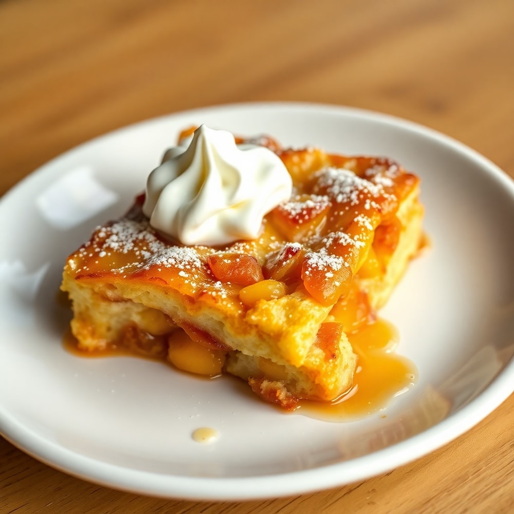 Plated serving of Peach Cobbler French Toast Bake