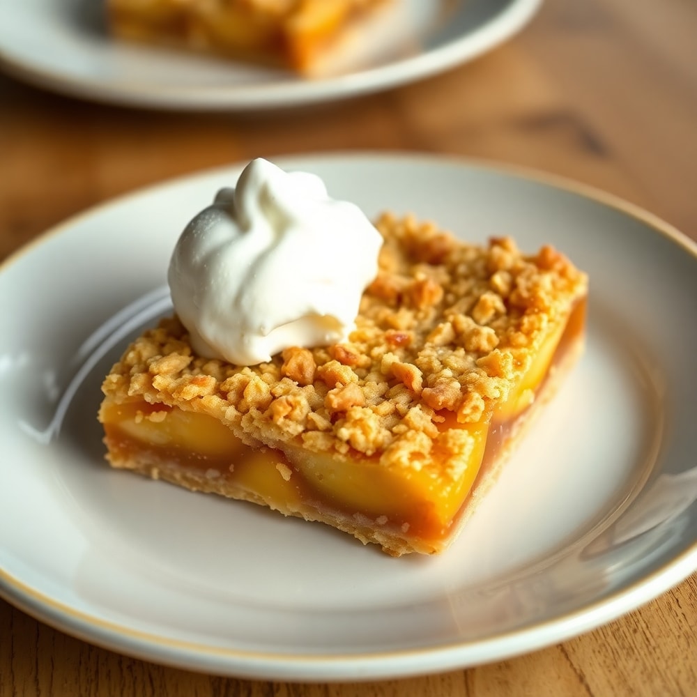 Peach Crisp Bars on a dessert plate