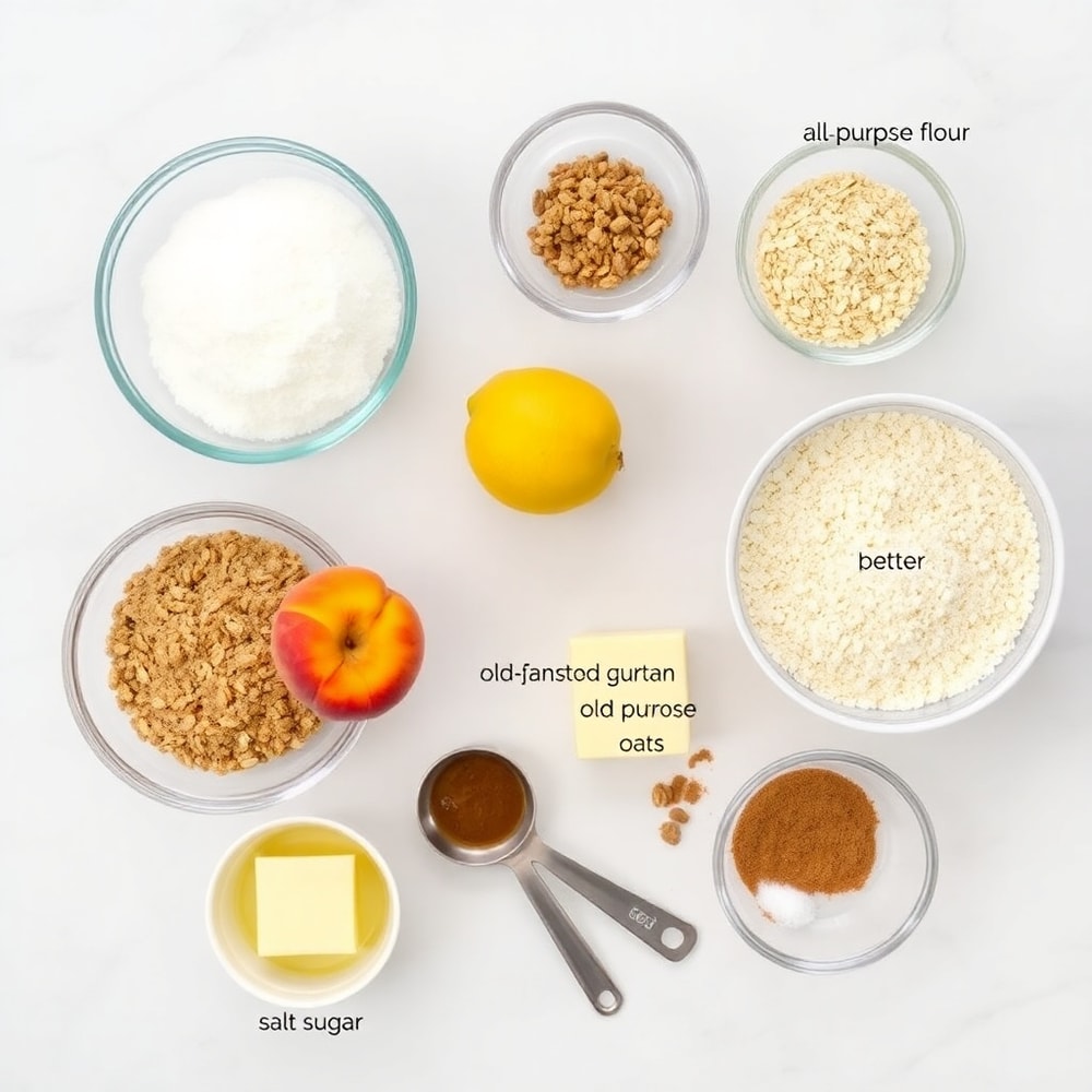 Peach Crisp Bars ingredients on a marble surface