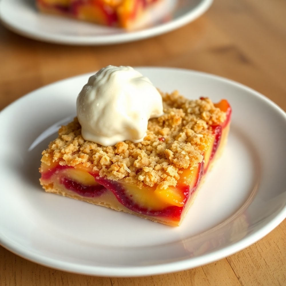 Plated Peach Raspberry Crumb Bars with a scoop of vanilla ice cream