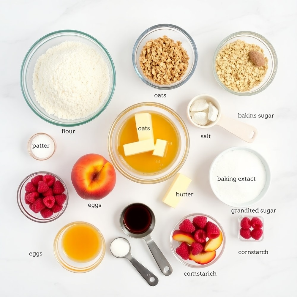 Raw ingredients for Peach Raspberry Crumb Bars on a marble surface