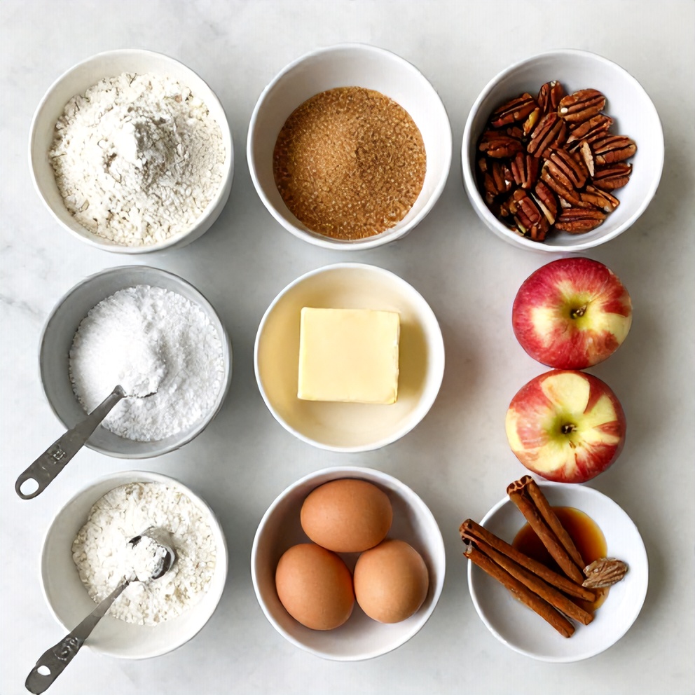 Raw ingredients for Pecan Apple Crisp Coffee Cake on a white marble surface