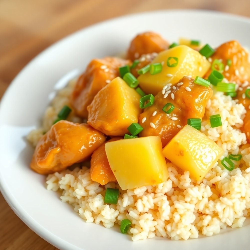 Plated Pineapple Chicken and Rice with green onions