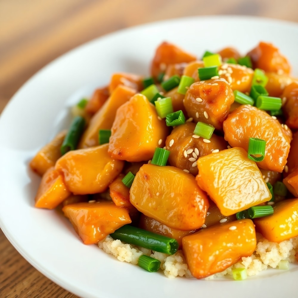 Plated serving of pineapple chicken stir fry with green onions and sesame seeds