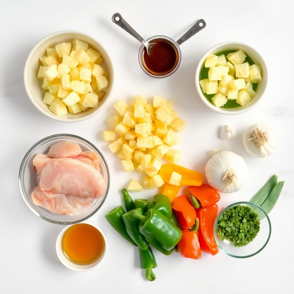 Raw ingredients for pineapple chicken stir fry arranged in a flat lay