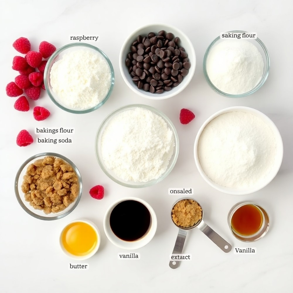Raspberry Chocolate Chip Cookies ingredients on a marble counter