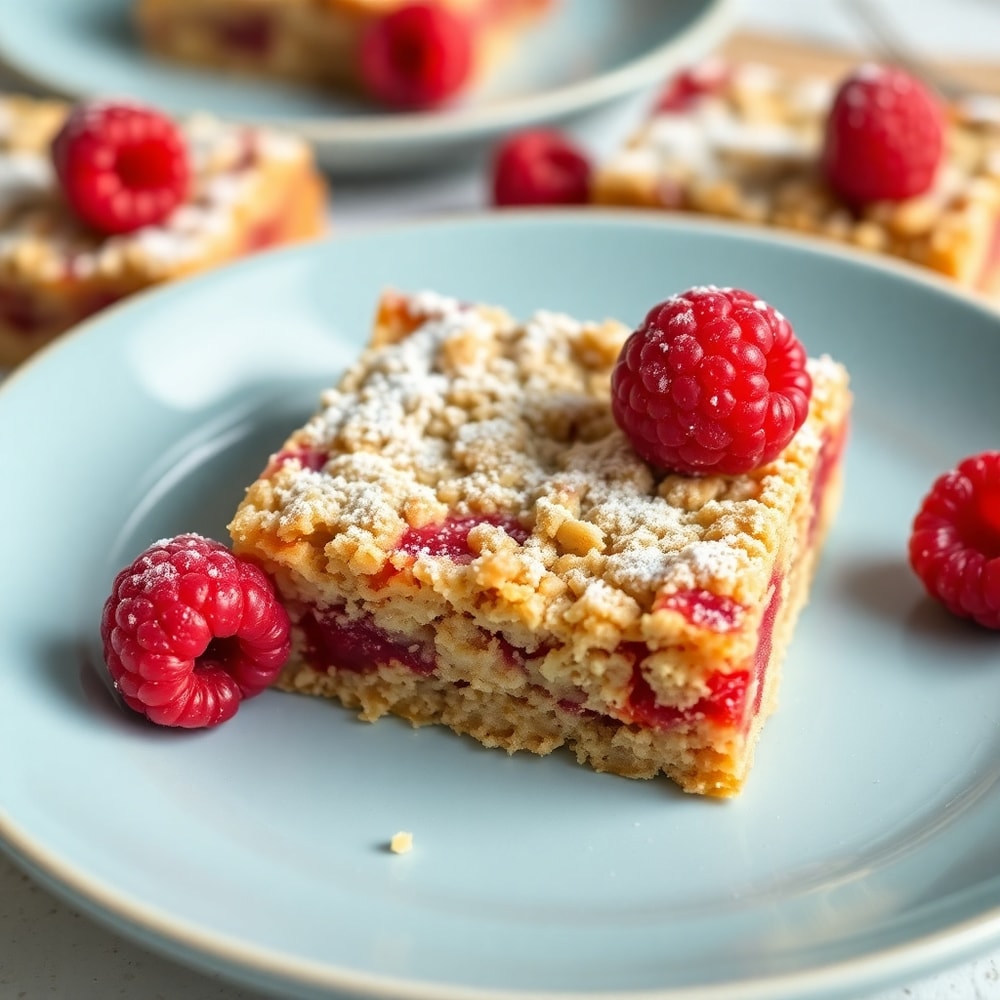 Raspberry Oatmeal Crumble Bars on a light blue plate