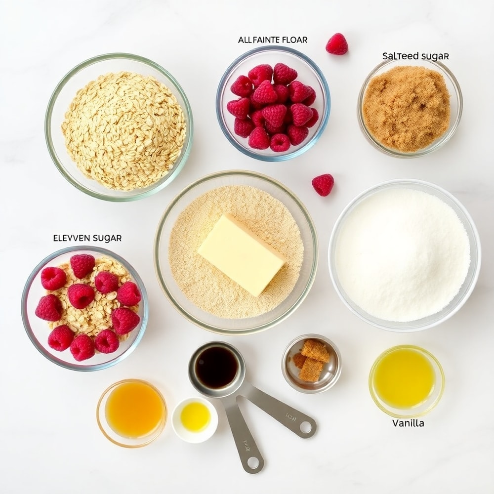 Raspberry Oatmeal Crumble Bars ingredients on a white marble surface