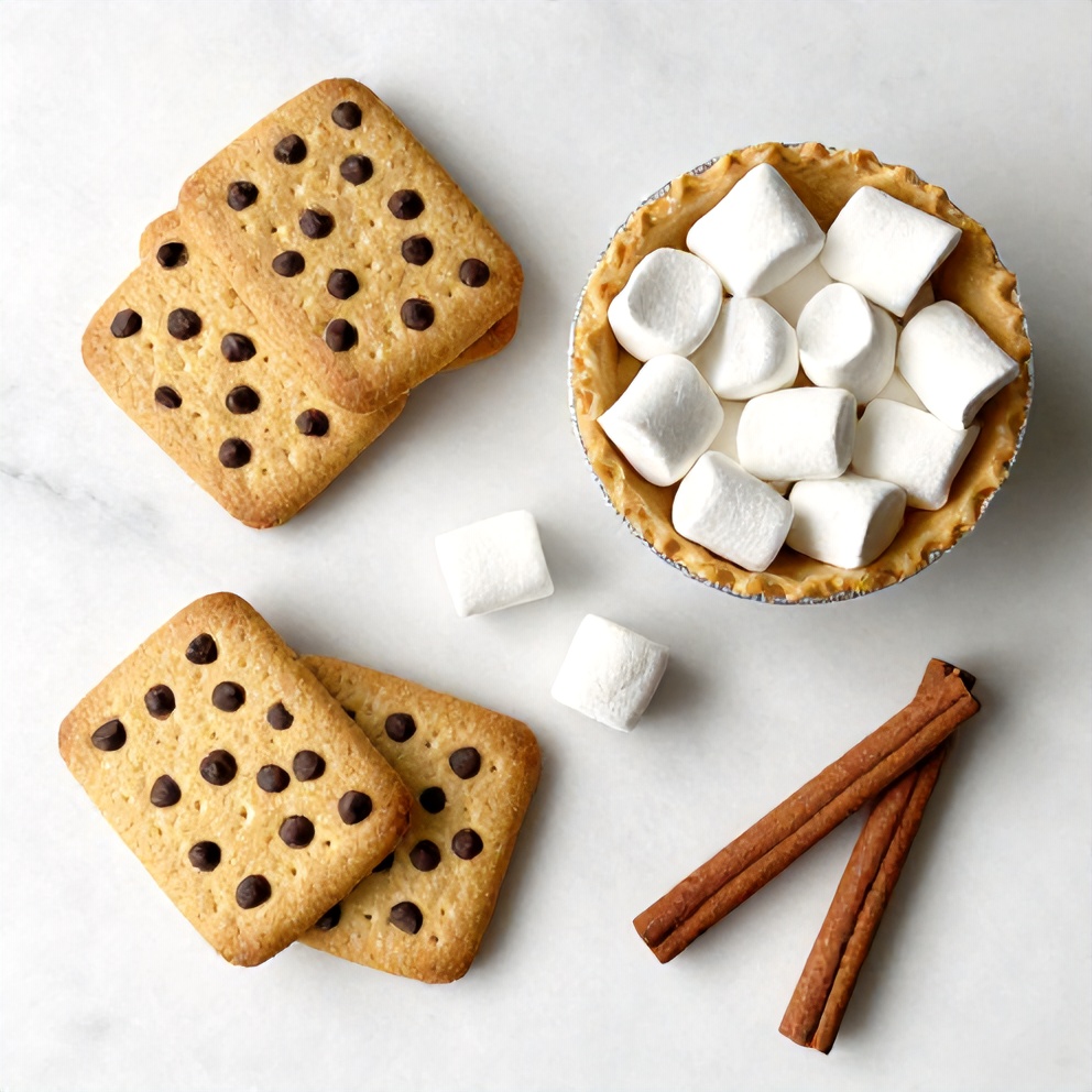 Graham crackers, chocolate chips, marshmallows, pie dough, and cinnamon arranged on a white marble surface