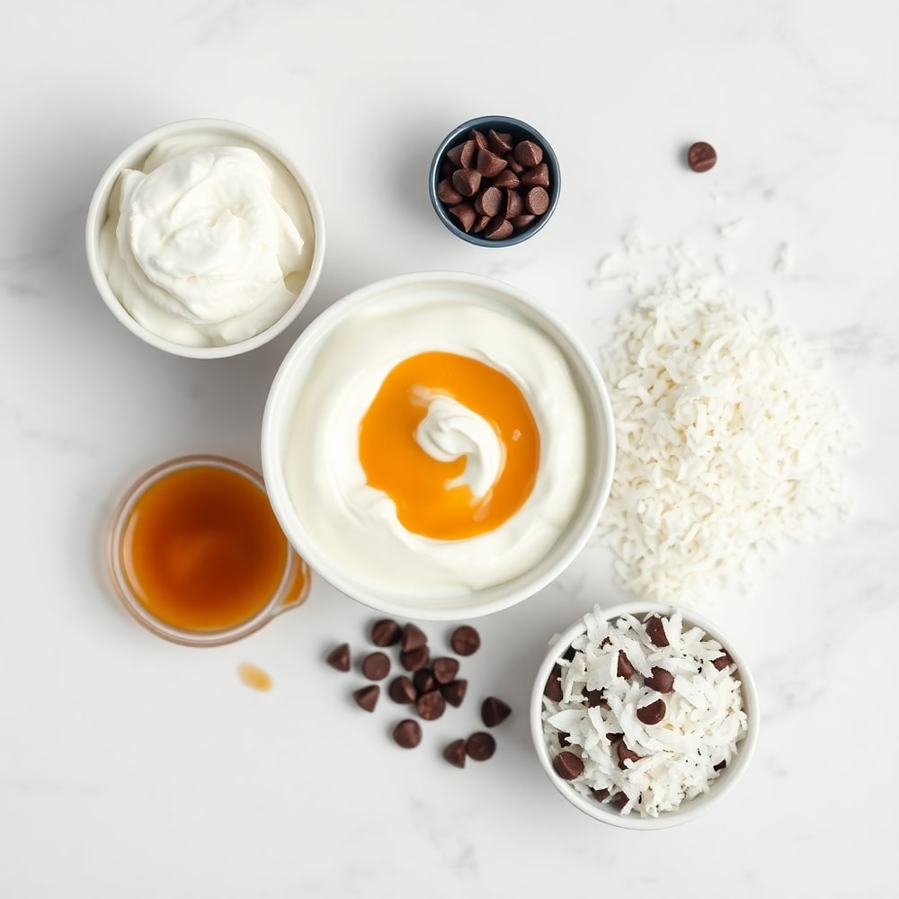 Samoa Truffles ingredients on a white marble surface
