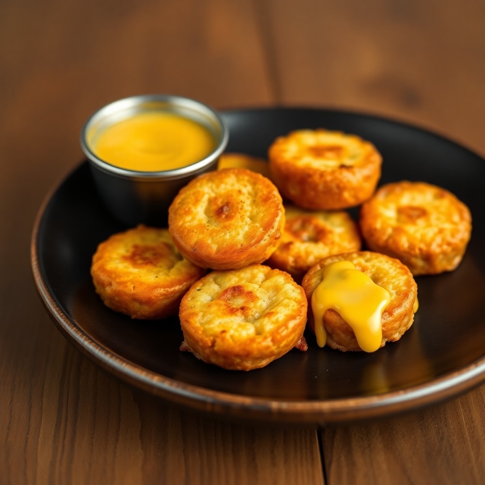 Sausage pancake bites on a plate with a side of honey mustard