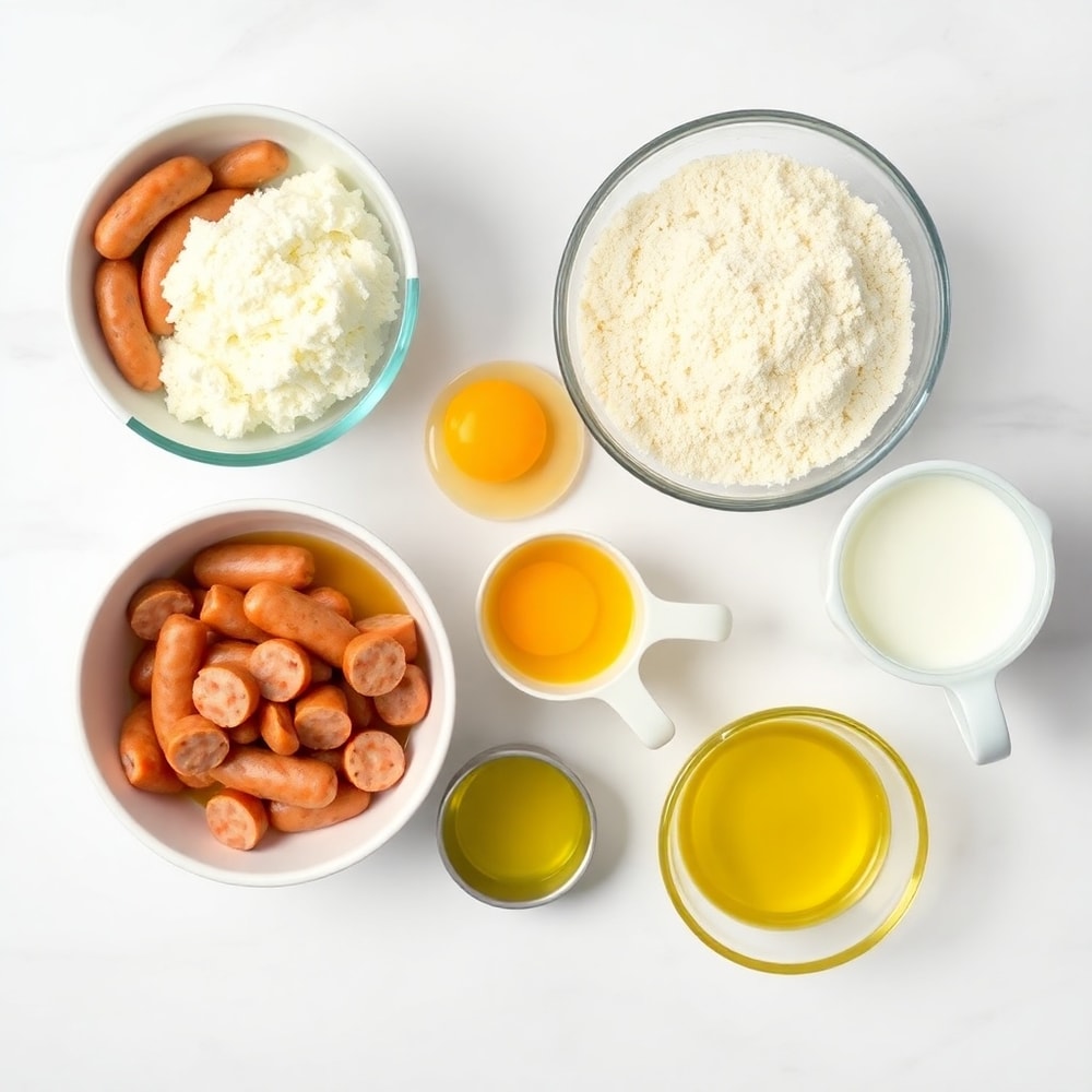 Sausage, pancake mix, eggs, milk, and oil arranged on a wooden surface