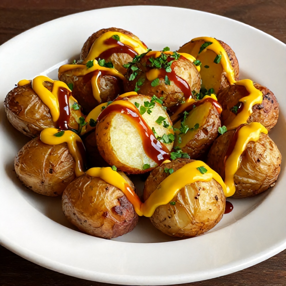 Plated smoked baby potatoes with beer mustard and BBQ rub