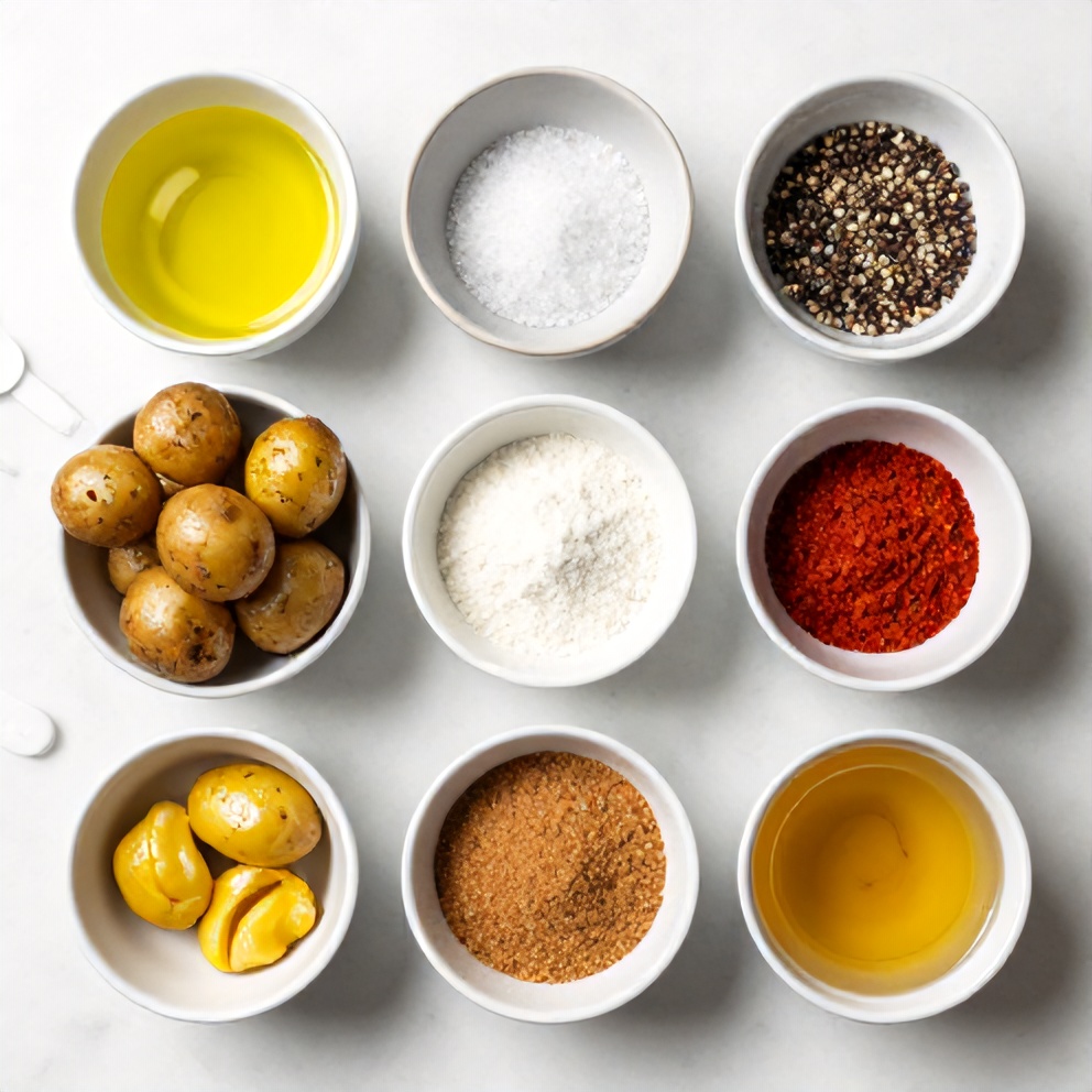 Raw ingredients for smoked baby potatoes: baby potatoes, olive oil, salt, pepper, paprika, garlic powder, onion powder, brown sugar, mustard, beer