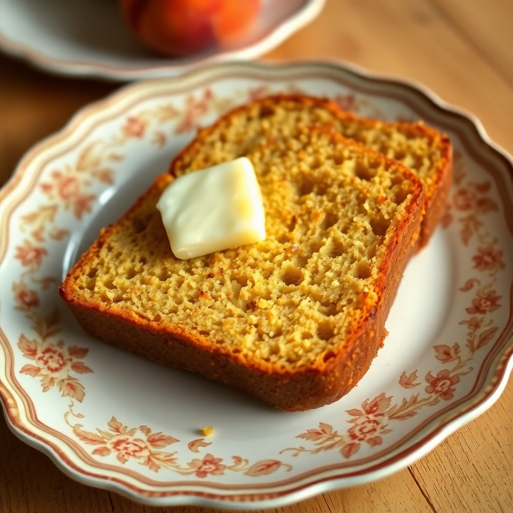 Slice of Easy Spiced Peach Bread with a pat of butter, on a vintage plate