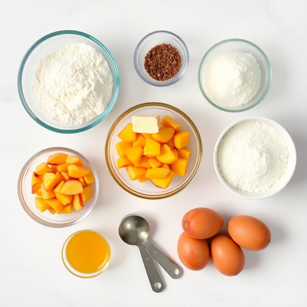 Raw ingredients for Easy Spiced Peach Bread arranged on a white marble surface