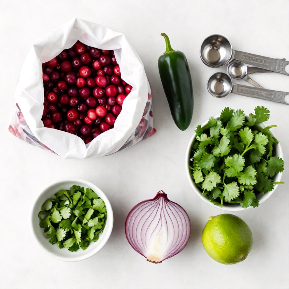 Raw ingredients for Easy Spicy Cranberry Salsa on a marble surface