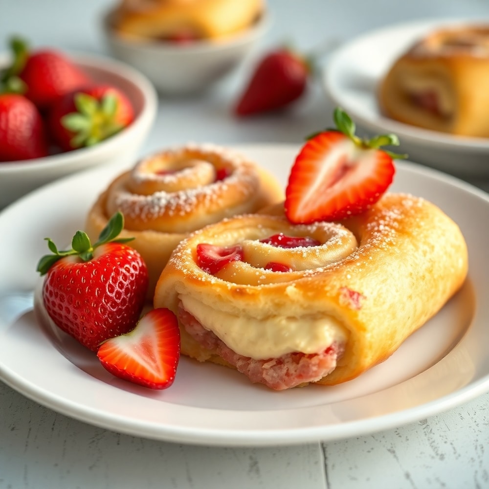 Strawberry Cheesecake Breakfast Rolls on a white plate
