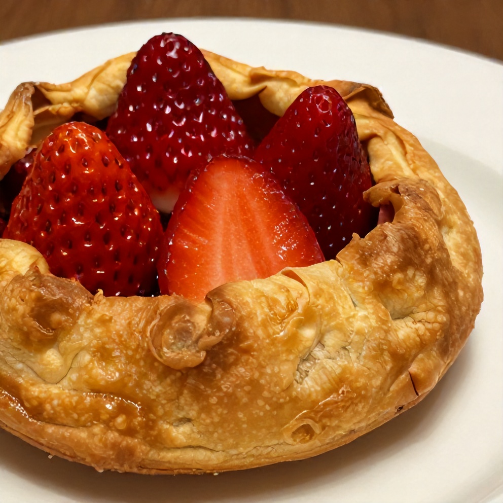 Golden strawberry galette on a white plate