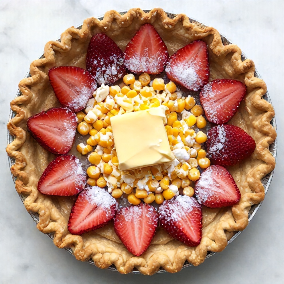 Strawberries, pie crust, sugar, lemon juice, cornstarch, and butter on a marble counter