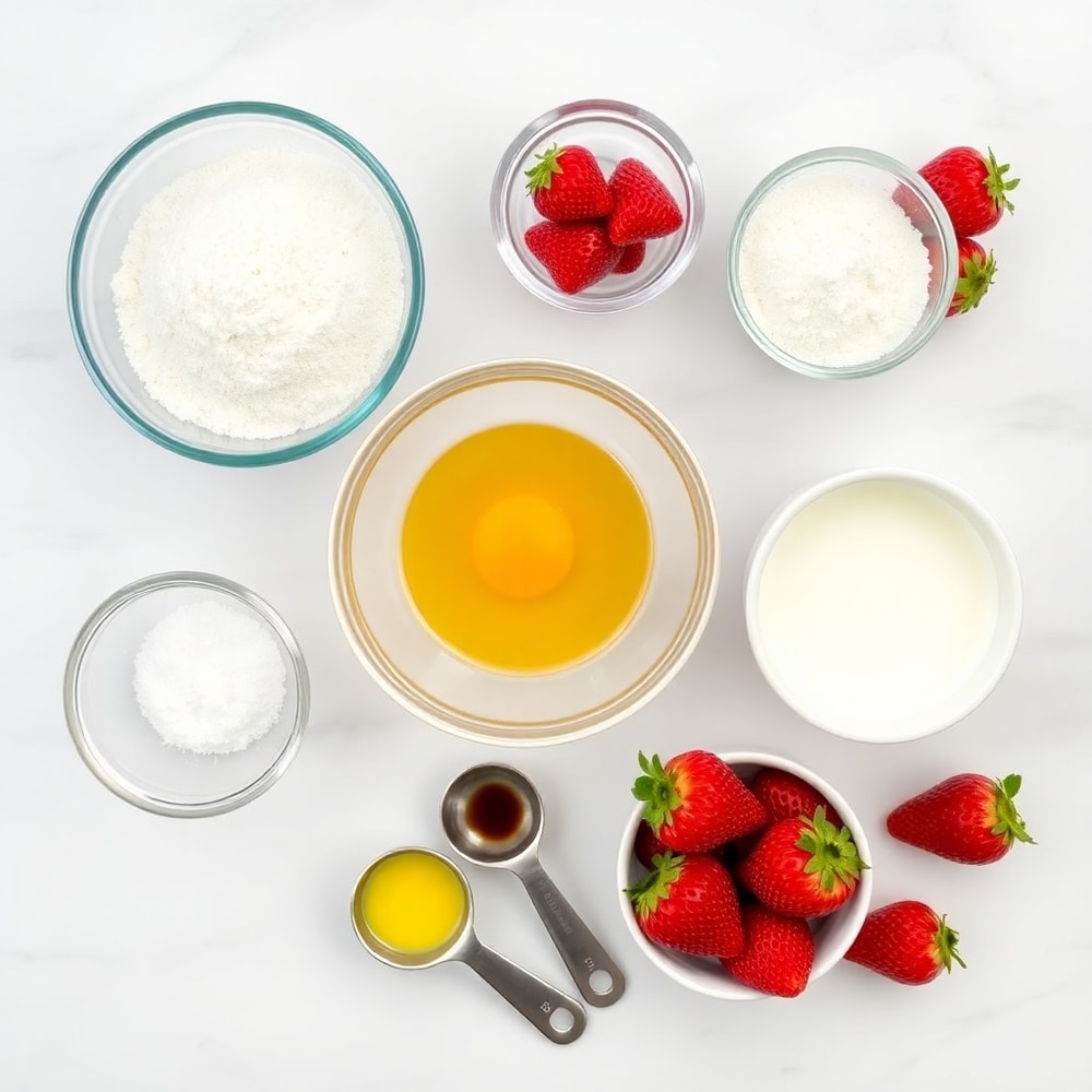 Ingredients for Easy Strawberry Shortcake Muffins on a white marble surface