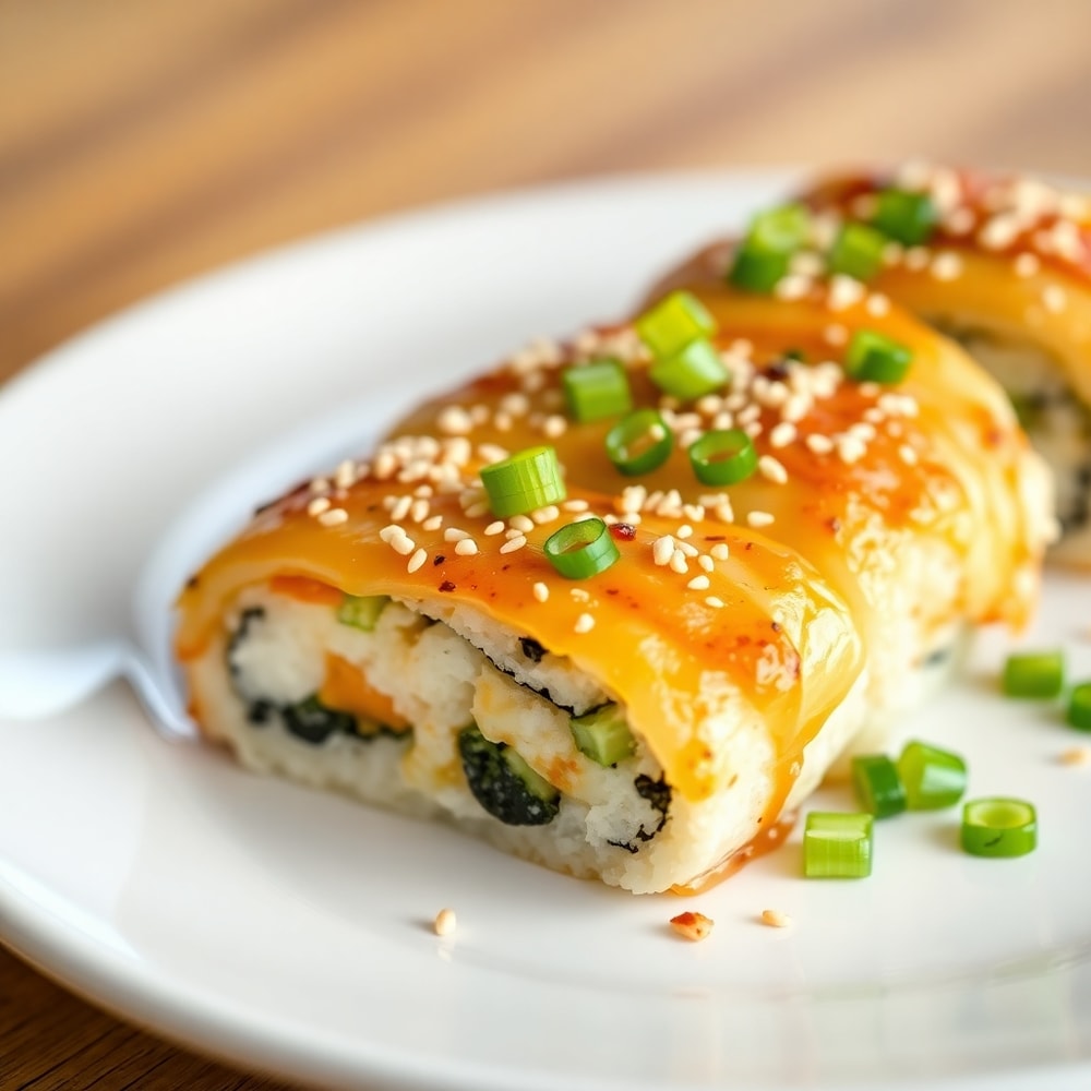 Plated serving of Easy Sushi Bake with green onions and sesame seeds