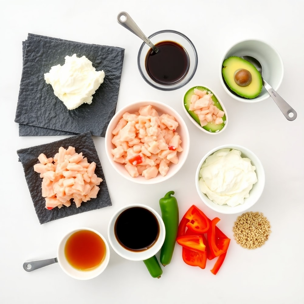 Raw ingredients for Easy Sushi Bake: nori sheets, crab meat, cream cheese, avocado, cucumber, bell peppers, soy sauce, and sesame seeds