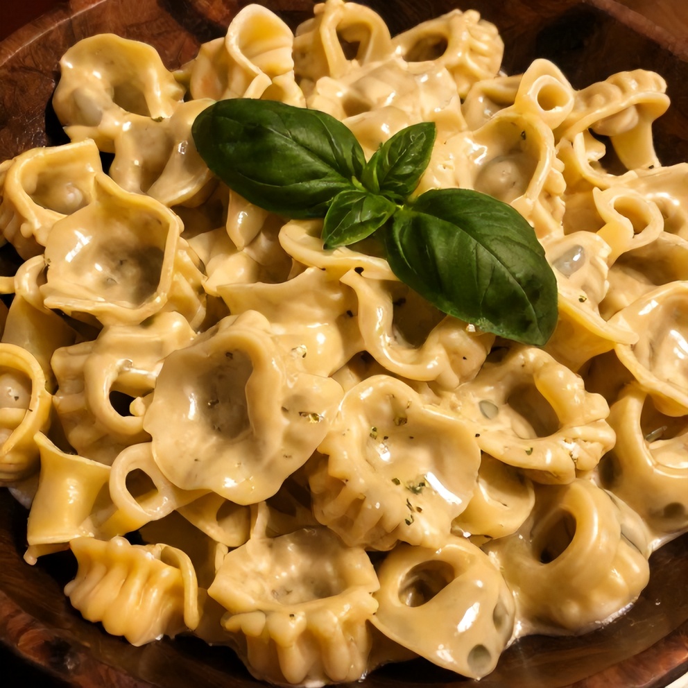 Plated serving of Creamy Tortellini Pasta Salad with a sprinkle of fresh basil