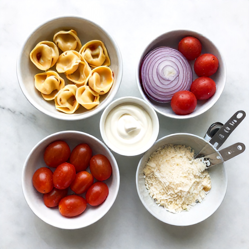 Raw ingredients for Tortellini Pasta Salad including cheese tortellini, cherry tomatoes, and Italian dressing