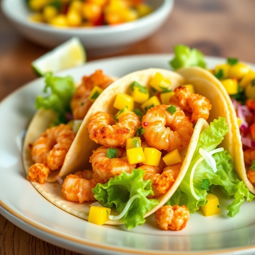 Plated Firecracker Shrimp Tacos with Mango Salsa