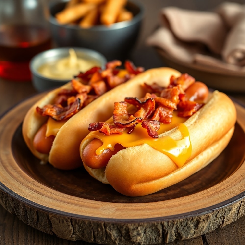Plated Firecracker Hot Dogs with melted cheese and bacon