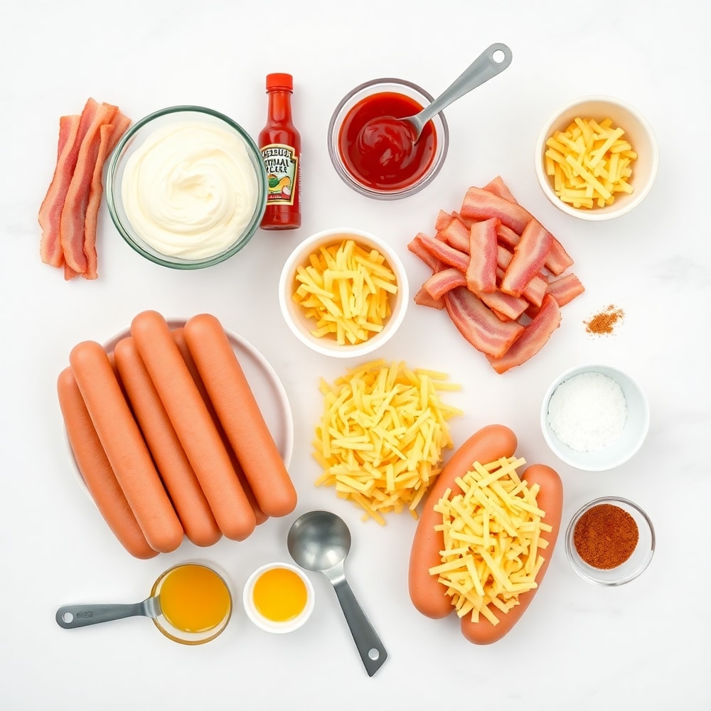 Raw ingredients for Firecracker Hot Dogs arranged on a marble surface