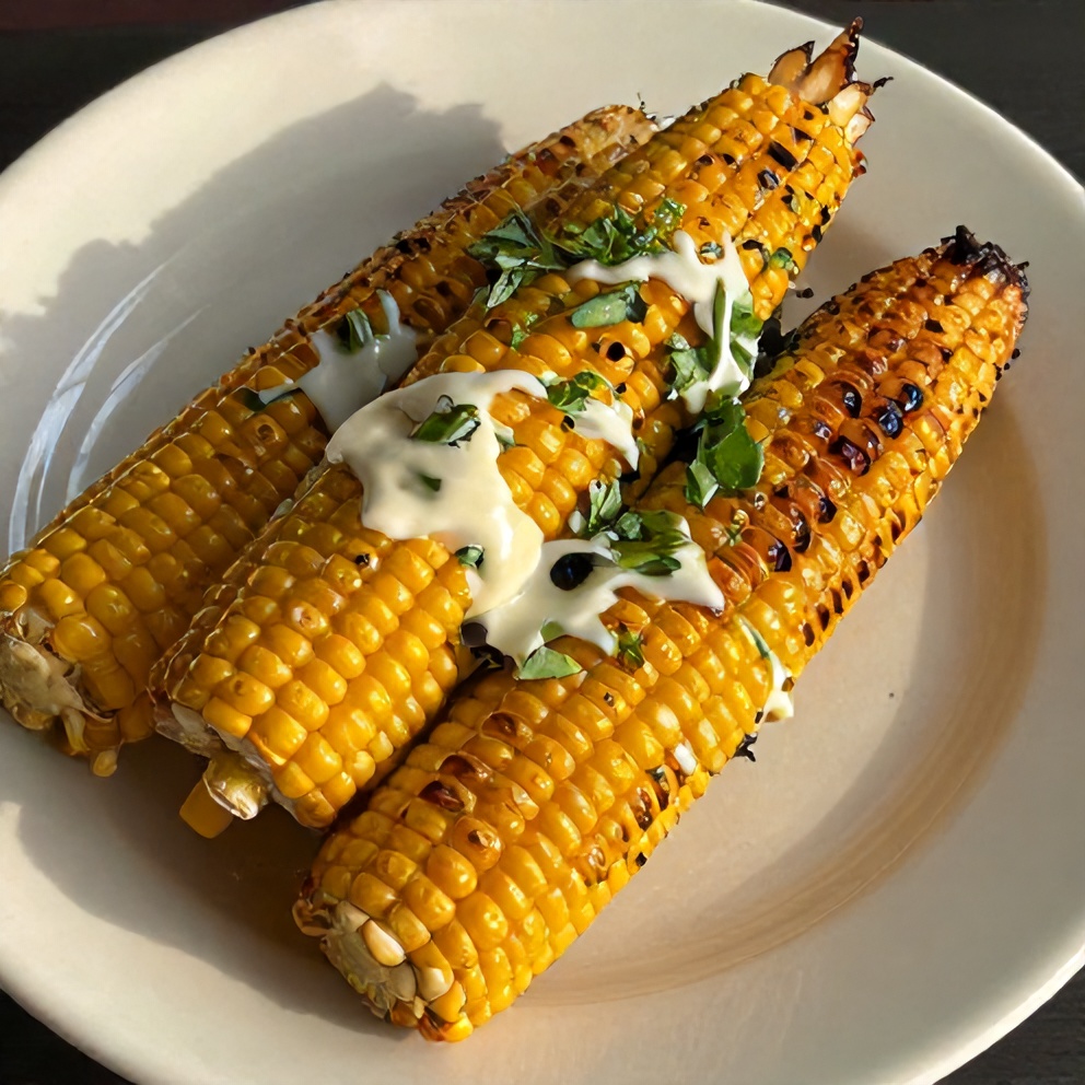 Plated serving of grilled corn on the cob with cilantro lime butter